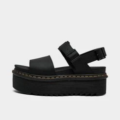 Women's Dr. Martens Voss Quad Platform Leather Strap Sandals Black Hydro - 26725001 001
