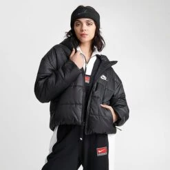 Women's Nike Sportswear Therma-FIT Repel Hooded Classic Puffer Jacket Black/Black/White - DJ6995 010