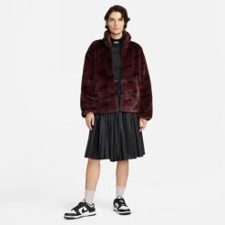 Womens Nike Sportswear Plush Fur All-over Print Jacket Burgundy Crush/Black/Black - DQ6842 652 -Fashion General Store DQ6842 652 M3