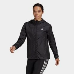 Women's Adidas AEROREADY Logo Running Windbreaker Jacket Black/White - HD9340 001