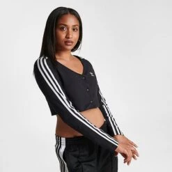 ADIDAS Women's Adicolor Classics 3-Stripes Cropped Button Long-Sleeve T-Shirt Black - IC5473 001 -Fashion General Store IC5473 001 M3