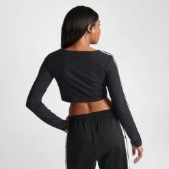 ADIDAS Women's Adicolor Classics 3-Stripes Cropped Button Long-Sleeve T-Shirt Black - IC5473 001 -Fashion General Store IC5473 001 M4