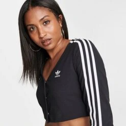 ADIDAS Women's Adicolor Classics 3-Stripes Cropped Button Long-Sleeve T-Shirt Black - IC5473 001 -Fashion General Store IC5473 001 M5