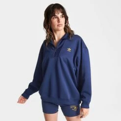Women's Adidas Adicolor Classics Oversized Quarter-Zip Sweatshirt Navy/Gold - II0747 415