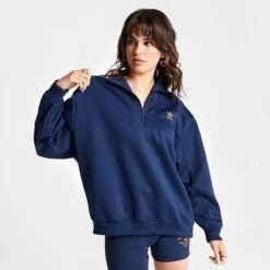 Women's Adidas Adicolor Classics Oversized Quarter-Zip Sweatshirt Navy/Gold - II0747 415 -Fashion General Store II0747 415 M3