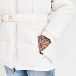 Women's The North Face Nuptse Belted Mid Jacket Gardenia White/Silver Grey Leopard Print - NF0A5GIL 2AS -Fashion General Store NF0A5GIL 2AS M6